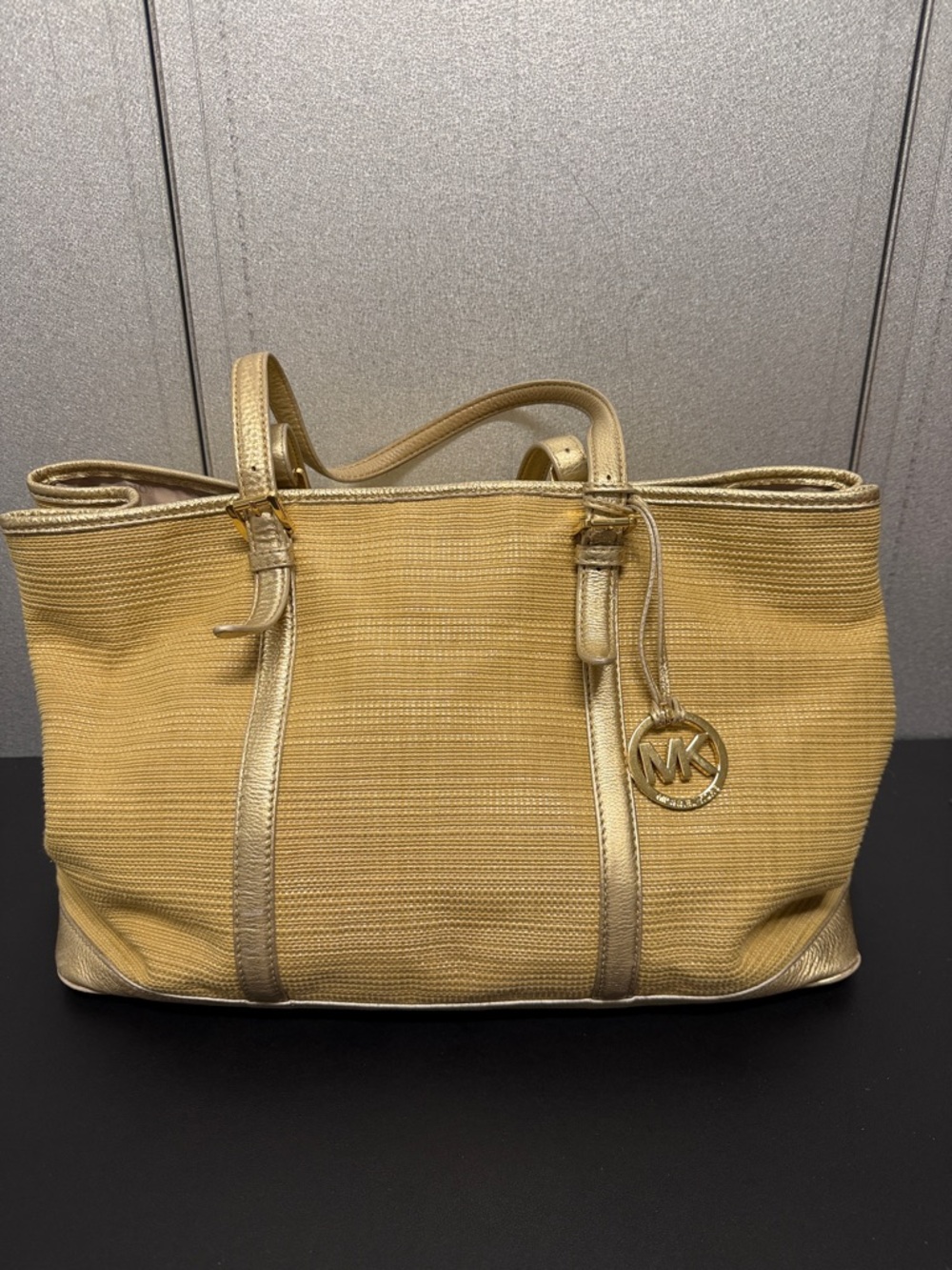 Michael Kors Extra Large Straw Tote Gold Leather MK Charm Y2K